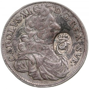 Riga (Svezia) 1 marco 1695 - Karl XI (1660-1697) - Coniato sotto il re Karl XII (1697-1718) con contatore d'assedio russo del 1705