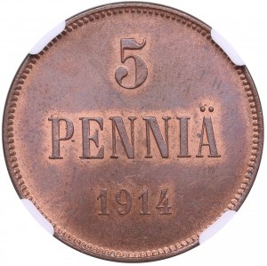Finsko (Rusko) 5 Penniä 1914 - Mikuláš II (1894-1917) - NGC MS 63 BN