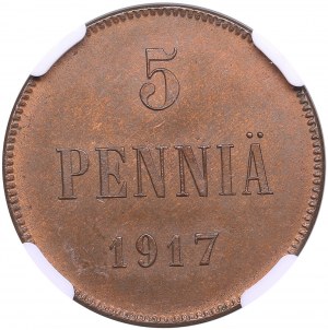 Finland (Russia) 5 Penniä 1917 - Provisional Government - NGC MS 65 RB