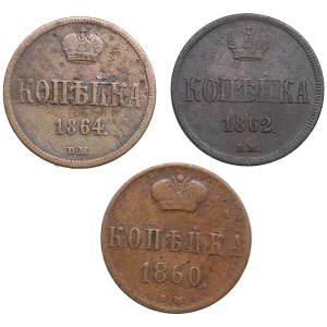 Collection of Russian (Poland) coins: Kopeck 1860 BM, 1862 BM, 1864 BM (3) - Alexander II (1855-1881)