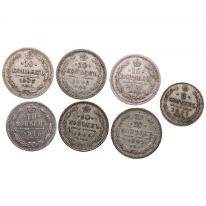 Collection de 10 Kopecks russes 1903, 1905, 1907, 1908, 1909, 1910 &amp; 5 Kopecks 1911 (7) - Nicolas II (1894-1917)_x000D