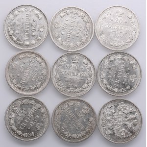 Collection de 20 kopecks russes 1907, 1908, 1909, 1910, 1911, 1912, 1913, 1914 (9) - Nicolas II (1894-1917)