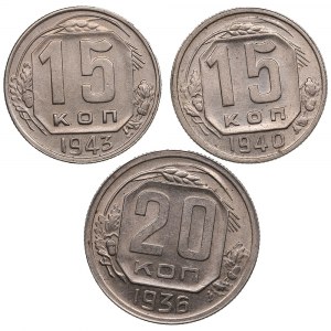 Group of Russian (USSR) 15 Kopecks 1940, 1943 & 20 Kopecks 1936 (3)