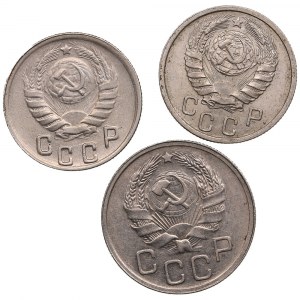 Group of Russian (USSR) 15 Kopecks 1940, 1943 & 20 Kopecks 1936 (3)