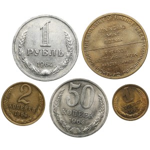 Collezione di monete russe (URSS) da 1, 2, 50 copechi, 1 rublo e gettoni della zecca di Leningrado 1964 (5)