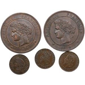 Kolekcja 5 centymów francuskich 1872, 1874 i 1 centym 1862, 1891 (5)