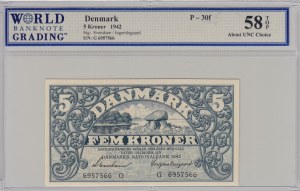 Denmark 5 Kroner 1942 - WBG 58 TOP About UNC Choice
