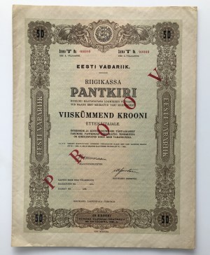 Estonský státní dluhopis 50 Krooni 1929 - SPECIMEN