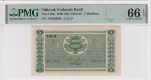 Finsko 5 Markkaa 1939 (ND 1942-45) - PMG 66 EPQ Gem Uncirculated