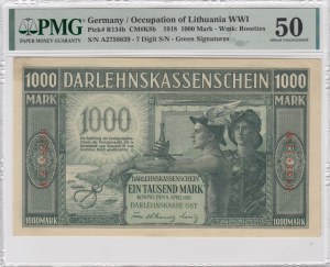 Germany (Occupation of Lithuania WWI, Kowno) 1000 Mark 1918 - PMG 50 About Uncirculated