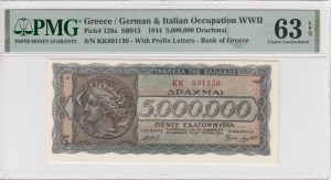Řecko (německá a italská okupace za druhé světové války) 5 000 000 drachmai 1944 - PMG 63 EPQ Výběr bez obtisku