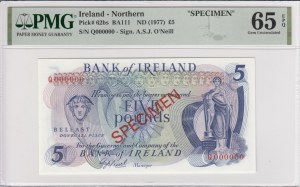 Northern Ireland 5 Pounds ND (1977) - Specimen - PMG 65 EPQ Gem Uncirculated