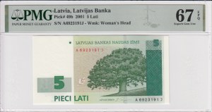 Latvia 5 Lati 2001 - PMG 67 EPQ Superb Gem Unc