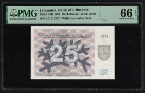 Lithuania 25 Talonas 1991 - PMG 66 EPQ Gem Uncirculated