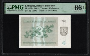 Lithuania 3 Talonas 1991 - PMG 66 EPQ Gem Uncirculated