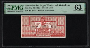 Netherlands 25 Cents 1944 - PMG 63 Choice Uncirculated