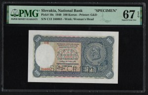 Slovakia 100 Korun 1940 - SPECIMEN - PMG 67 EPQ Superb Gem UNC