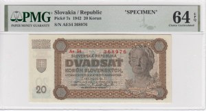 Slovensko 20 korun 1942 - SPECIMEN - PMG 64 EPQ Výběr z oběhu bez poškození