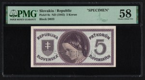 Slovakia 5 Korun ND (1945) - SPECIMEN - PMG 58 Choice About Unc