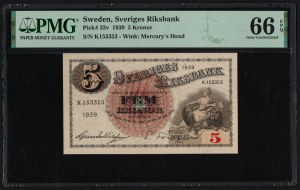 Sweden 5 Kronor 1939 - PMG 66 EPQ Gem Uncirculated