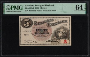 Szwecja 5 koron 1945 - PMG 64 EPQ Choice Uncirculated