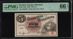 Sweden 5 Kronor 1948 - PMG 66 EPQ Gem Uncirculated