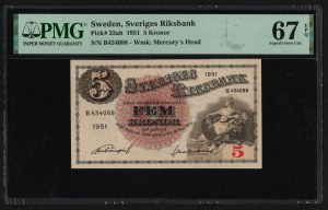 Sweden 5 Kronor 1951 - PMG 67 EPQ Superb Gem Unc