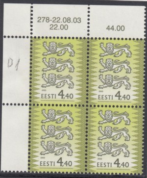 Estónsko 4,40 známky 2003 - tlačová chyba, vytlačené na lepiacej strane (4 blok)