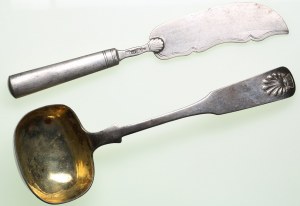 Russia (Estonia, Tartu) Cucchiaio da portata e coltello da pesce in argento (2)