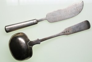 Russia (Estonia, Tartu) Cucchiaio da portata e coltello da pesce in argento (2)