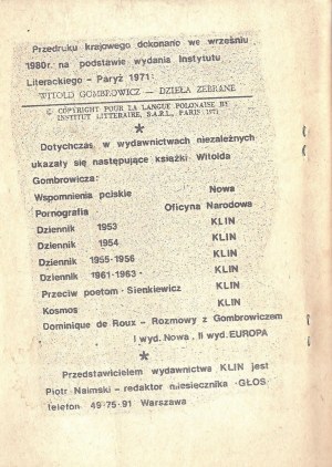 Witold GOMBROWICZ, Denník 1957-1958, Vydavateľstvo Kline Vydané pod zemou 1980.