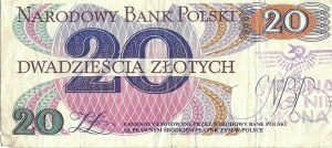Banknote with a denomination of 20 zloty, dated 1982; imprinted stamp: 