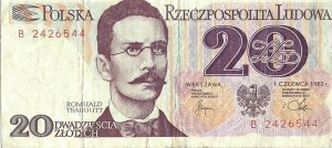 Banknote with a denomination of 20 zloty, dated 1982; imprinted stamp: 