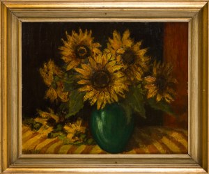 M. FAßKE (20th century), Sunflowers in a green vase