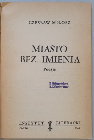 Czesław Miłosz - Città senza nome. Institut Literacki, Parigi, 1969