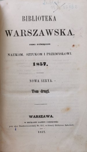 Warsaw Library, 1857, T.II [coats of arms in Poland, naturalists in Ojcow, Polish iconography].