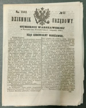 Úradný vestník Varšavského gubernátu 1862, č. 44 - oznámenie o brigáde [+3 prílohy].