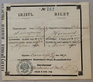 Lístok [preukaz] - Povolenie nosiť smútočný odev, [1869, Varšava, Edward Heinrich].