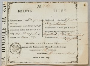 Bilet [przepustka] - Pozwolenie na przejście rogatek [1867, Warszawa, J. Skrzyński]