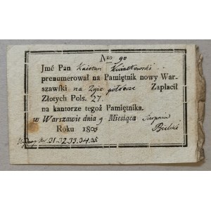 Kwit prenumeraty z 1803 r. [Kajetan Kwiatkowski (1769-1852, historyk), Warszawa]