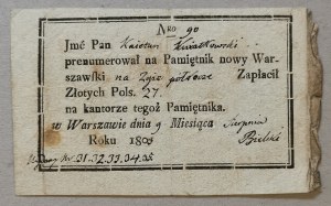 Potvrdenie o predplatnom z roku 1803. [Kajetan Kwiatkowski (1769-1852, historik), Varšava].