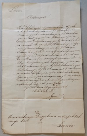 [Offizielles Schreiben] Proklamation an das Metropolitankonsistorium in Lemberg, 1876 [Besetzung der Gemeinde].