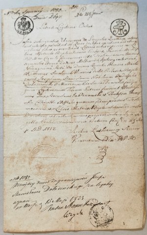 Certificate of foreignness, 1823[signature. K.F. Woyda - State Counsellor of the King of Poland, Prez. of Warsaw].