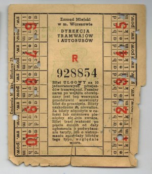 Concessionary ticket for 10 single journeys on streetcars. Directorate of Trams and Buses.
