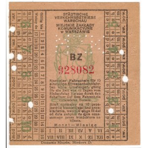 [Bilet] Miejskie zakłady Komunikacyjne w Warszawie, na 10 przejazdów tramwajami [1943]