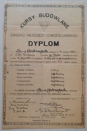 Dyplom Kursów Budowlanych Y.M.C.A. Z 1922 roku [świadectwo szkolne]