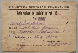 Průkazka knihovny Krasiński Ordynacja pro W. Pałuckiho, studenta UP, 1930.