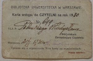 Library card BUW , for Wladyslaw Palucki, UW student, 1930.