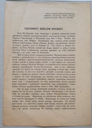 Kozminski K., Testament of the kings-knights - speech for the opening of the building of the Polish Army Museum