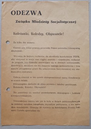 Z.M.S. proclamation - [elections to the Sejm in the Zoliborz district, Front for Unity of the Nation 1957].